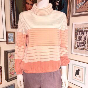 70s Vintage Butte Knit Orange and Cream Striped Long Sleeve Turtleneck Knit Top